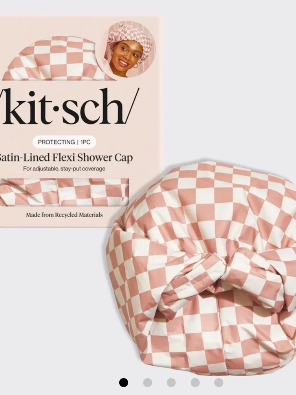 Kitsch Satin-Lined Flexi Shower Cap Terracotta Checker